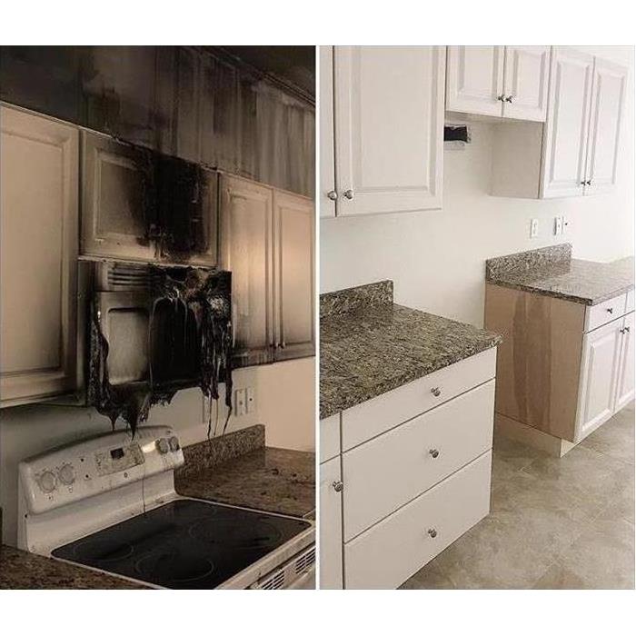 Kitchen stove fire before and after photos.